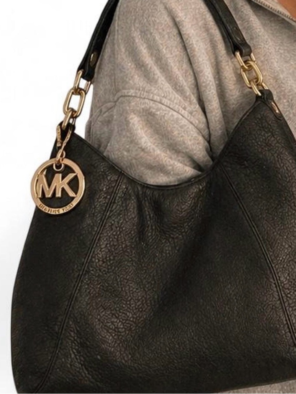 Michael Kors Black Pebbled Leather Shoulder Bag with Gold MK Charm
